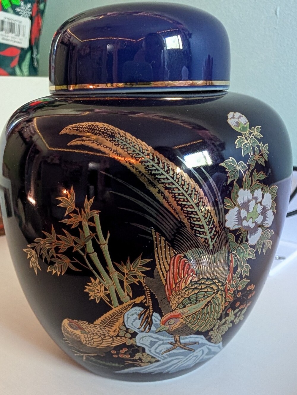 Vintage Cobalt Blue Porcelain Ginger Jar Pheasant & Peony Motif Gold Trim 6"